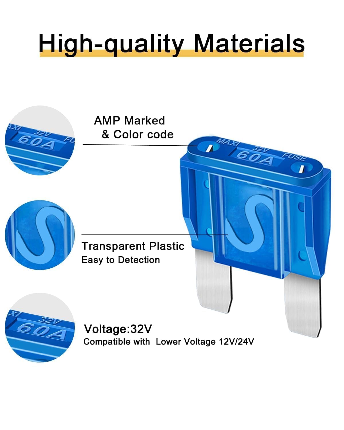 10Pcs 60Amp Maxi Fuses - 60A Automotive Blade Fuse For Auto, Car, Rv, Boat, Truck