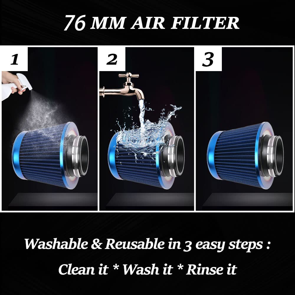 muge racing Universal Clamp-On Air Intake Filter, 3" Flange, Washable, High Performance, Blue, Model OFI074-Burn+BL