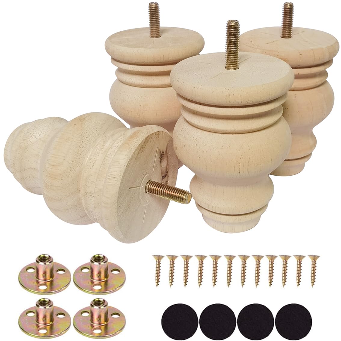 Btibpse 2 3 4 Inch Wooden Furniture Legs, Solid Wood Unpainted Replacement Furniture Legs, Ottoman/Loveseat Replacement Legs, Cabinet Legs/Desk/Sofa/Bookcase Round Bun Feet Set Of 4 (4.7 Inch B)