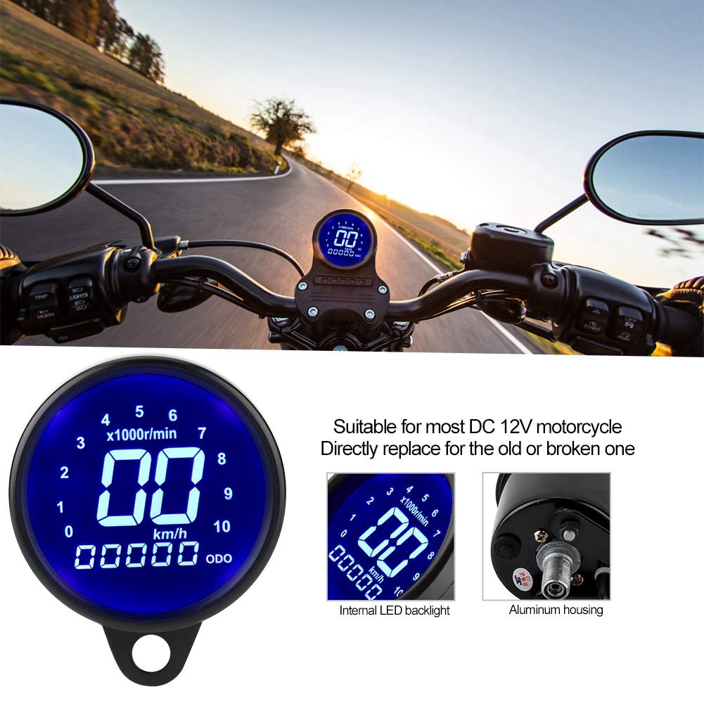 Acouto Motorcycle Speedometer 12V Universal Motorcycle Lcd Display Instrument Digital Speedometer Odometer Tachometer Meter Gauge Black Plating