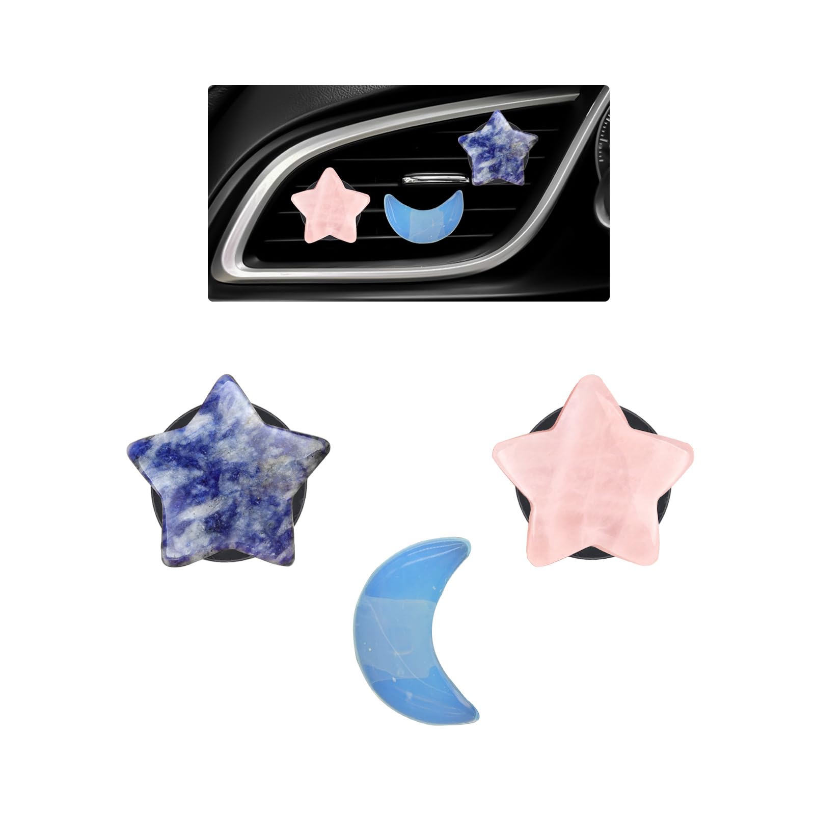 ORIESSE Moon Stars Car Decor,Boho Air Vent Clips,Refillable Car Fresheners,3pcs Natural Crystal Stone Hippie Dashboard Decoratio