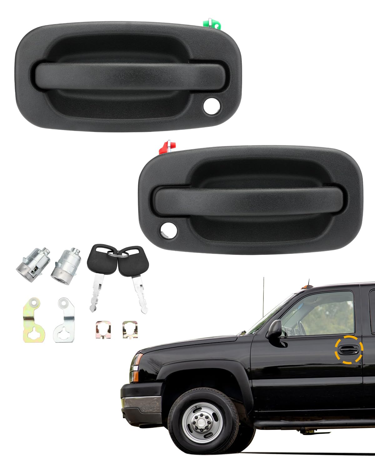 Exterior Door Handles (Pair), W/Lock Cylinders & Keys, Compatible With 1999-2007 Chevy Silverado Suburban Tahoe Avalanche Gmc Si