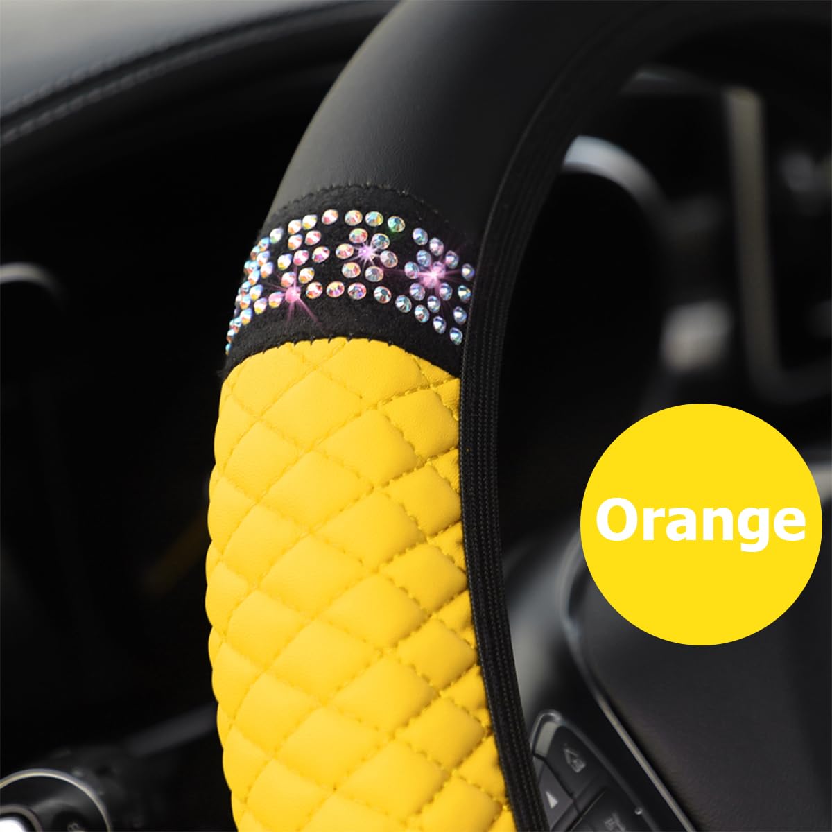 Osilly Bling Car Steering Wheel Cover, 15 Inch Rhinestones Soft Leather Elastic Steering Wheel Protector, Sparkly Crystal Diamon