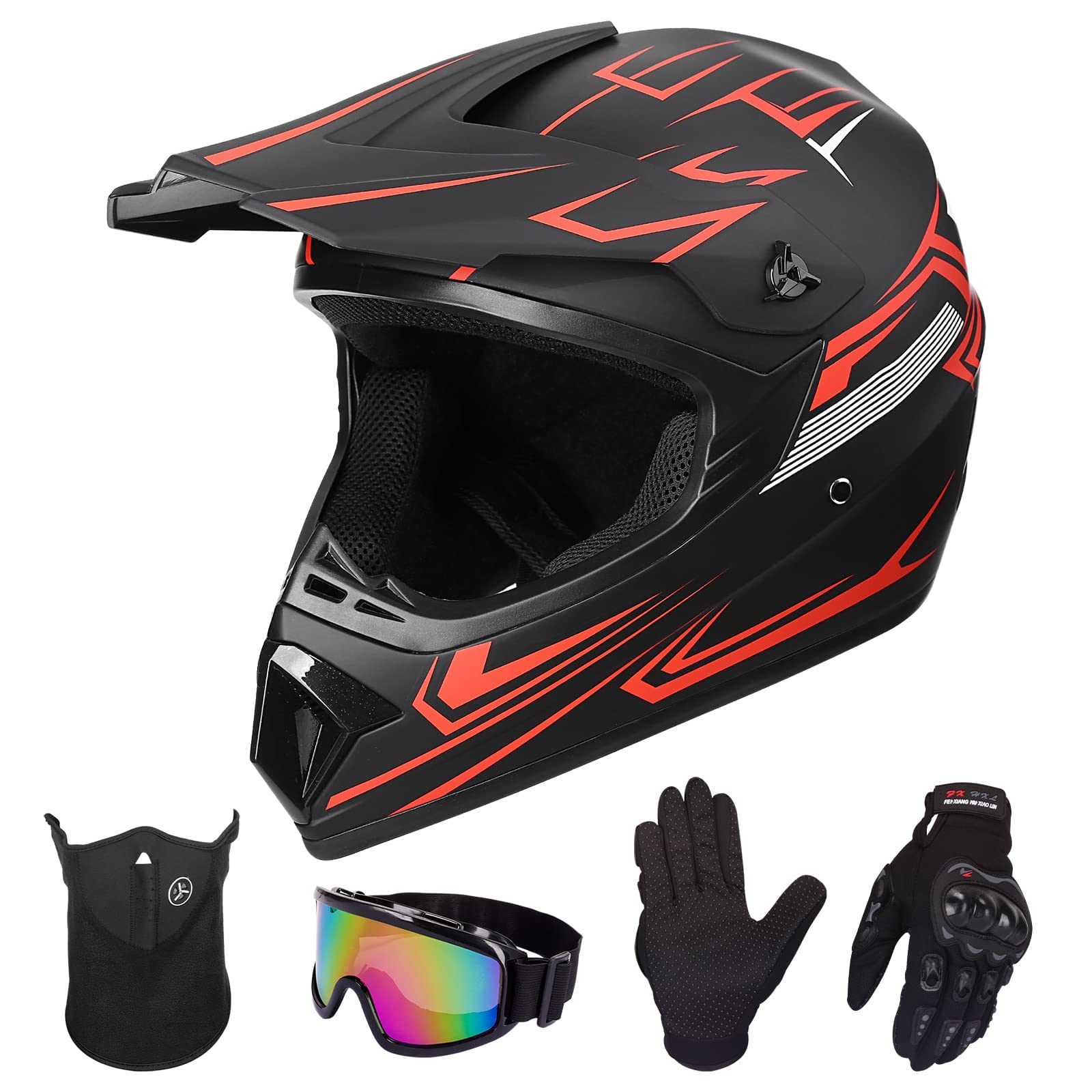 Yesmotor Youth Kids Motocross Helmet Full Face Motorcycle Dirt Bike Off-Road Mountain Bike Bmx Mx Atv Helmet- Dot Approved With(Gloves Goggles Mask) 4Pcs Set (Red,Xl)