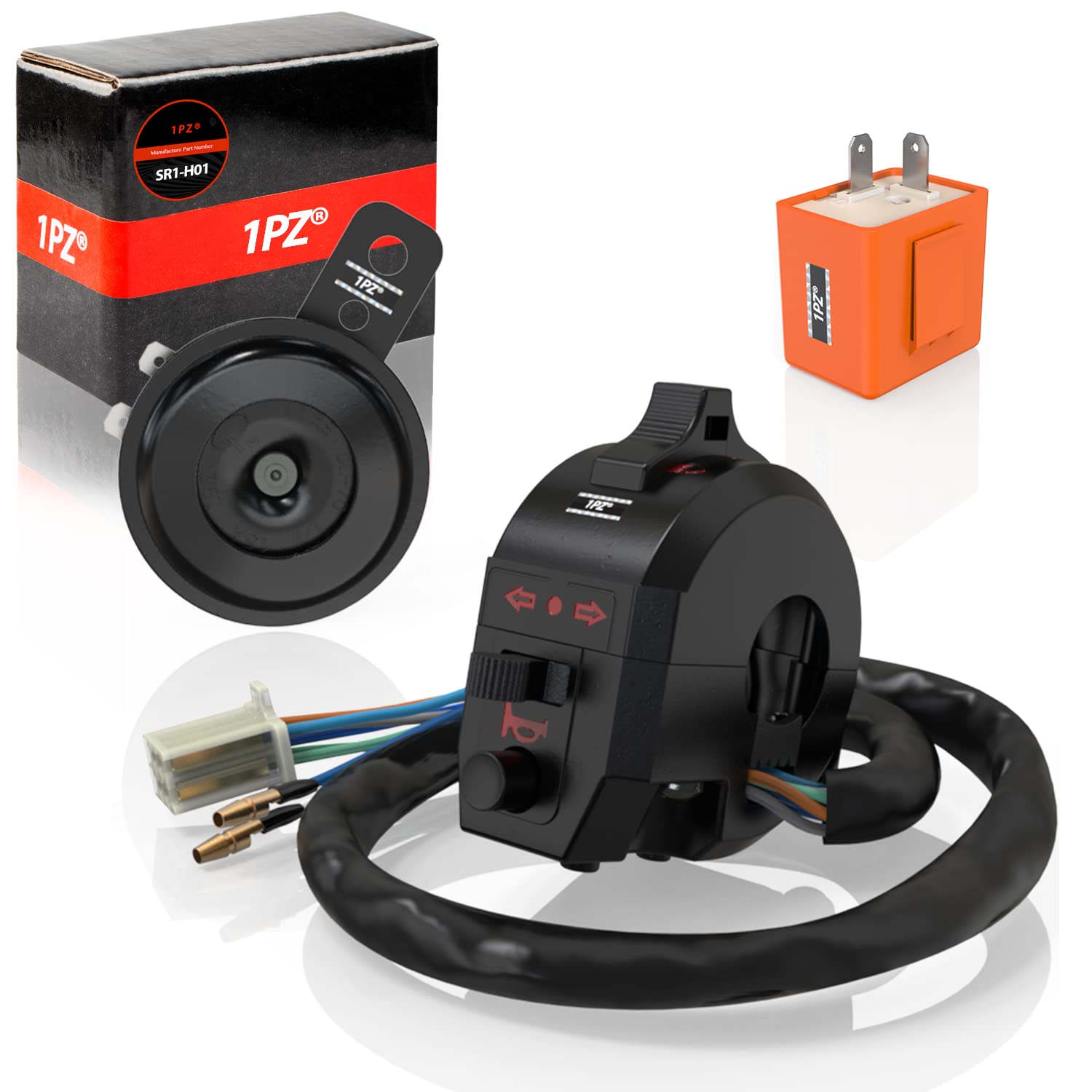 1PZ SR1-H01 Universal Light Turn Signal Switch + Flasher Relay + Horn Replacement for Honda KTM Suzuki Kawasaki Yamaha Motorcycl