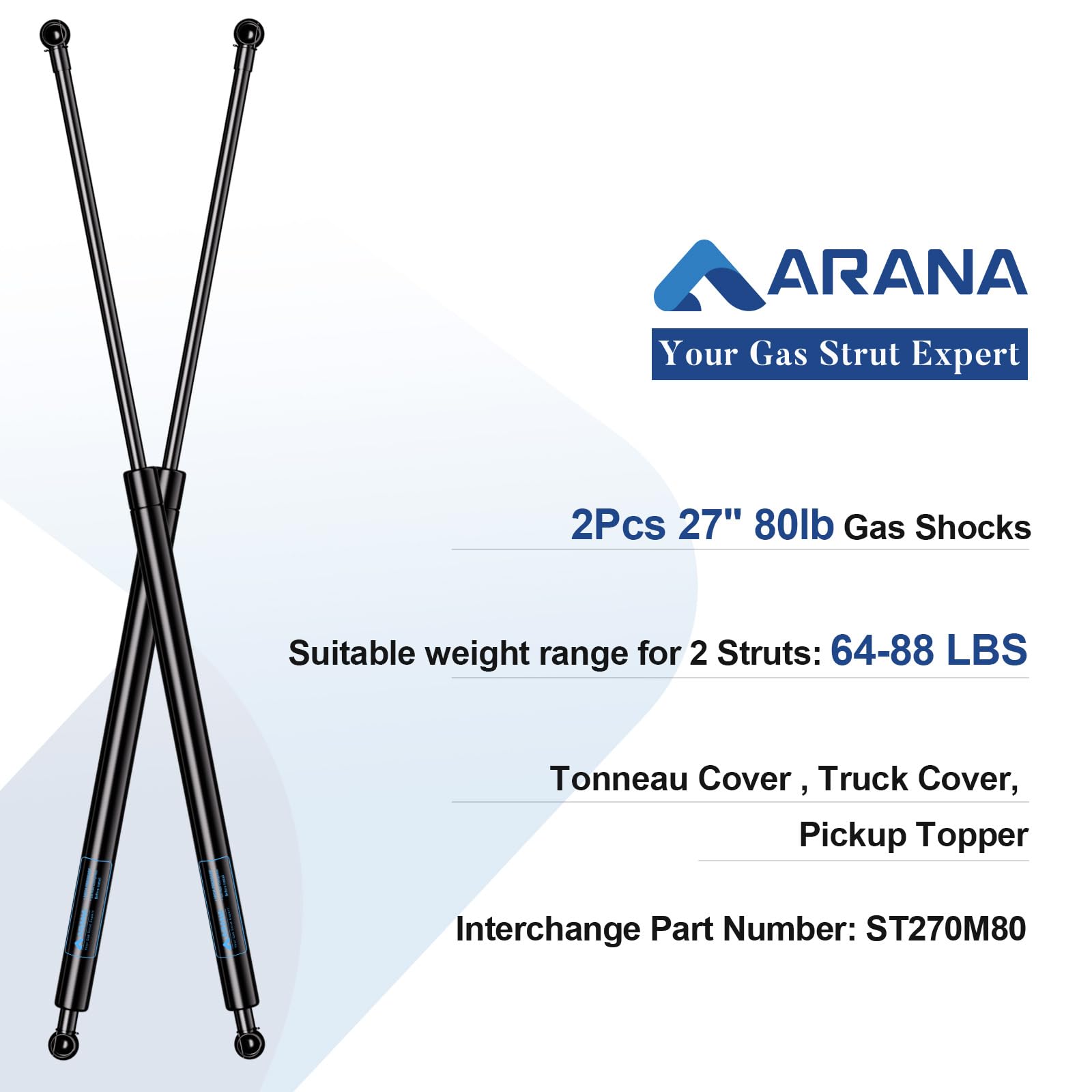 Arana St270M80 27 Inch 80Lb/378N Gas Struts, Ml27-80 27 Inch 80 Pounds Spring Shock Lift Support For Undercover Tonneau Cover Tr