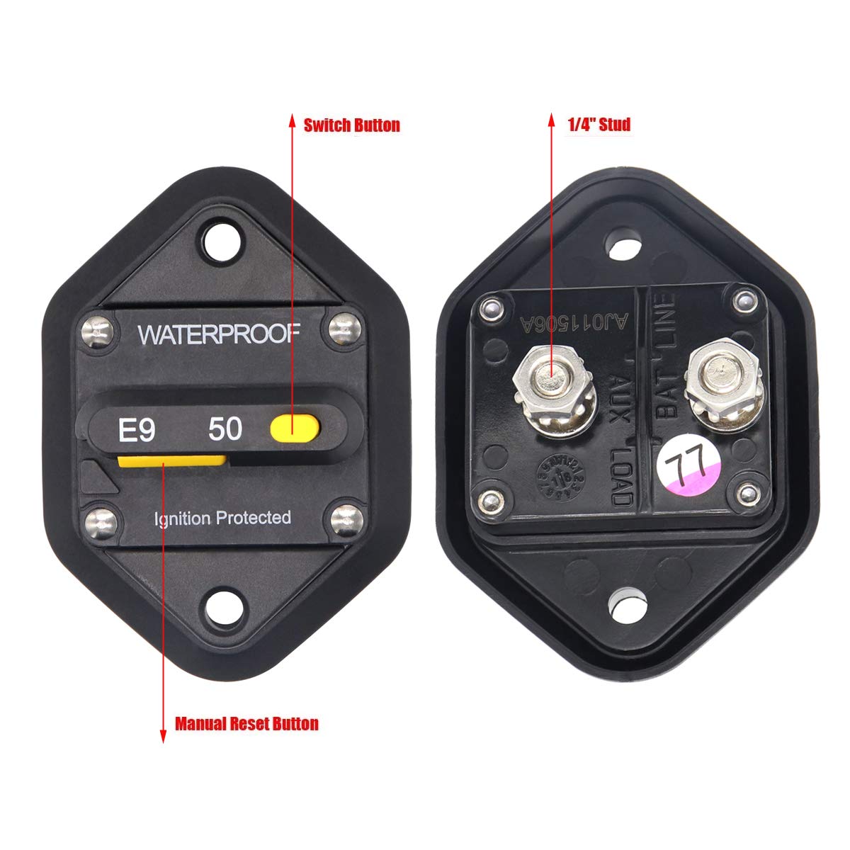 T Tocas Hi-Amp Type Iii 50A Circuit Breaker With Manual Reset Panel Mount, 12V- 48Vdc, Switchable Waterproof