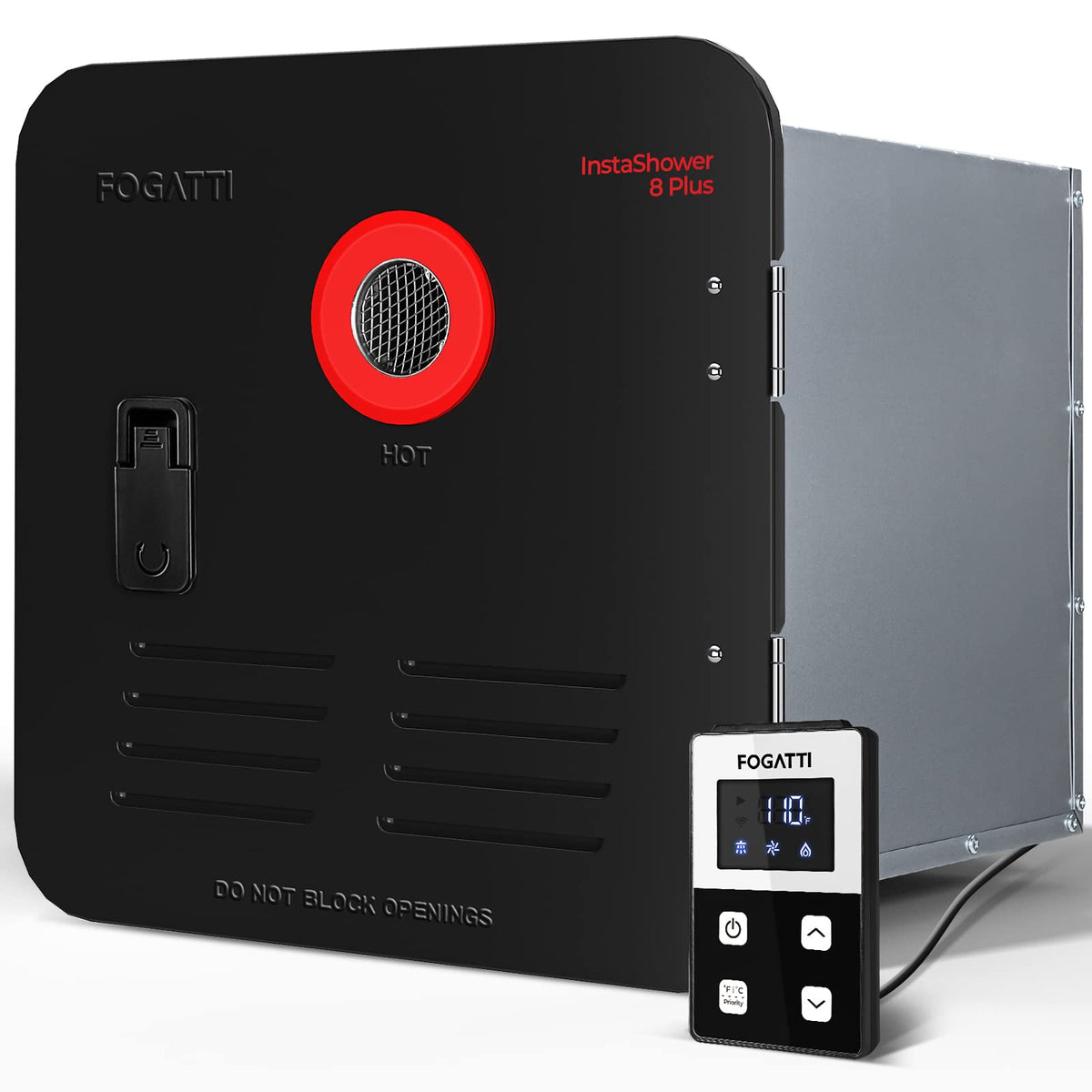 FOGATTI RV Tankless Water Heater, InstaShower 8 Plus, Gen 2, with 15 x 15 inches Black Door and Remote Controller, DC 12V, Best 