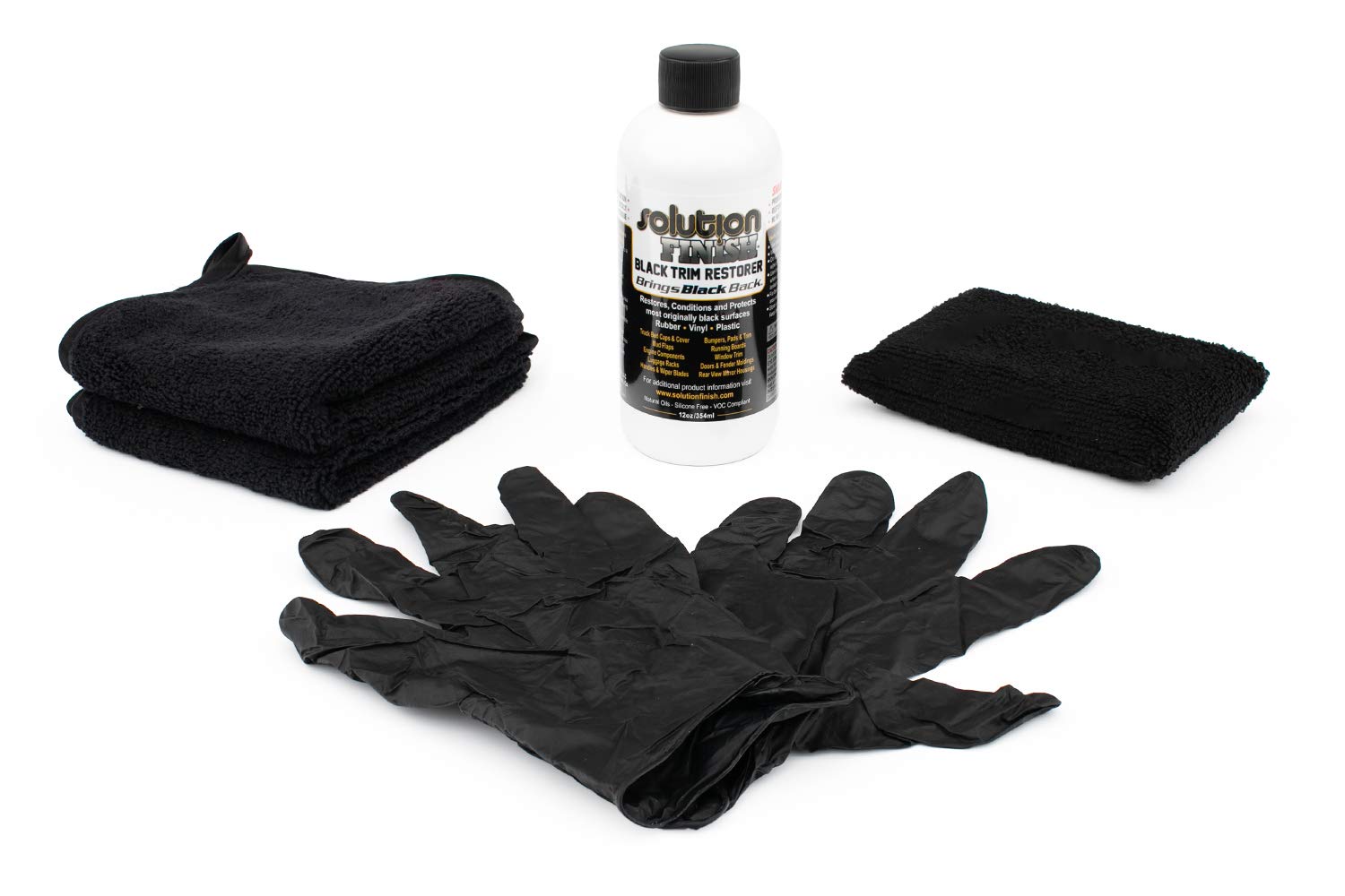 The Rag Company - Solution Finish Full Installation Kit - Enriche, Condition, Protect; Black Plastic Trim Restorer (12Oz) + 2 Microfiber Towels + Applicator Sponge + Gloves