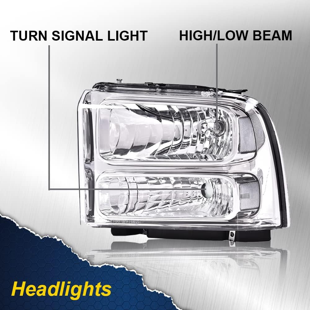 G-Plus Headlights Assembly Compatible With 99-04 Ford F250 F350 F450 F550 Super Duty/00-04 Excursion Headlamp,Clear Lens Chrome