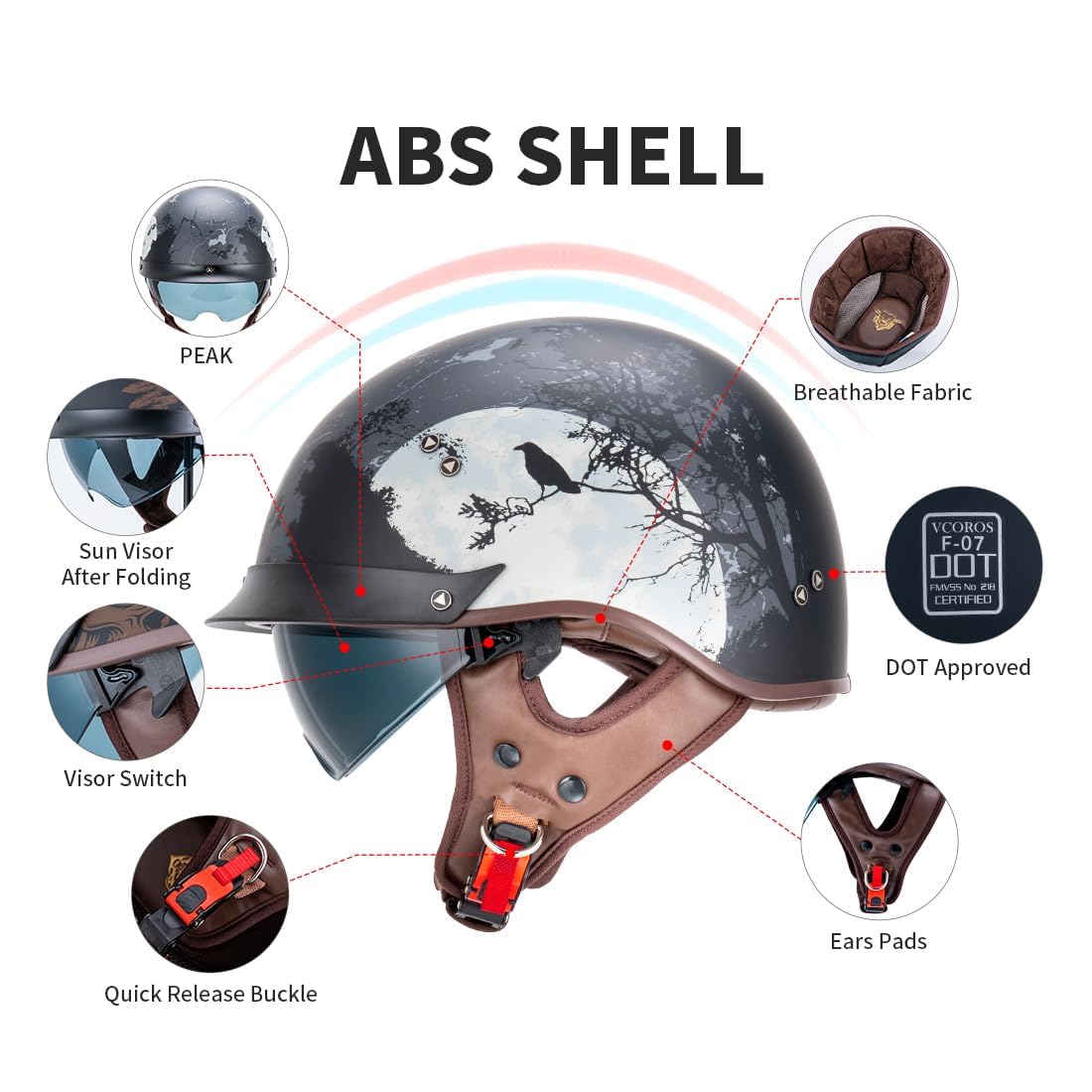 Vcoros Motorcycle Half Face Helmet Sun Visor Quick Release Buckle Dot Approved Helmets For Men Women (Dark Night, Xxl)