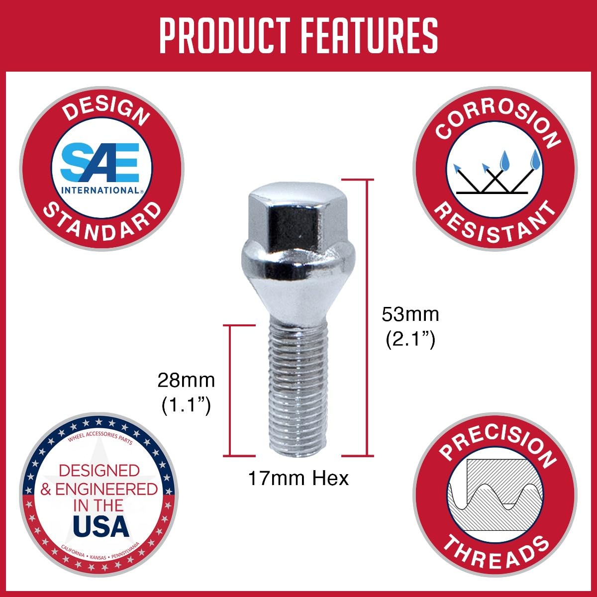 Wheel Accessories Parts 20 Pcs Lug Nut Set M12 X 1.25 12X1.25 Thread Acorn Seat Lug Bolts 17Mm Hex 28Mm Thread Length Chrome Lug