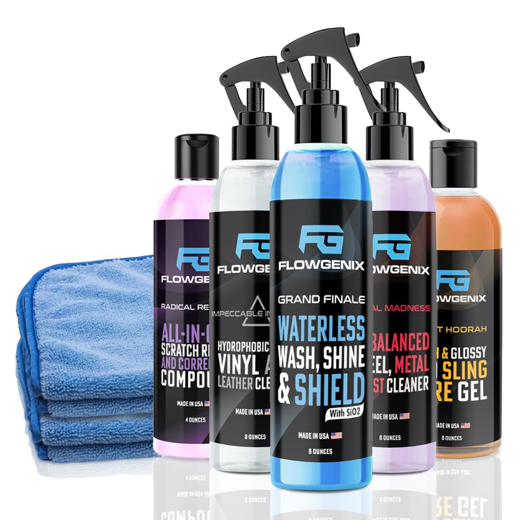 Flowgenix™ Grand Slam 5-Pack - Includes Detailing Spray, Tire Gel, Scratch Repair, Wheel Metal Rust Cleaner, Interior Water-Repellent Vinyl & Leather Cleaner - Includes 2 Microfiber Towels