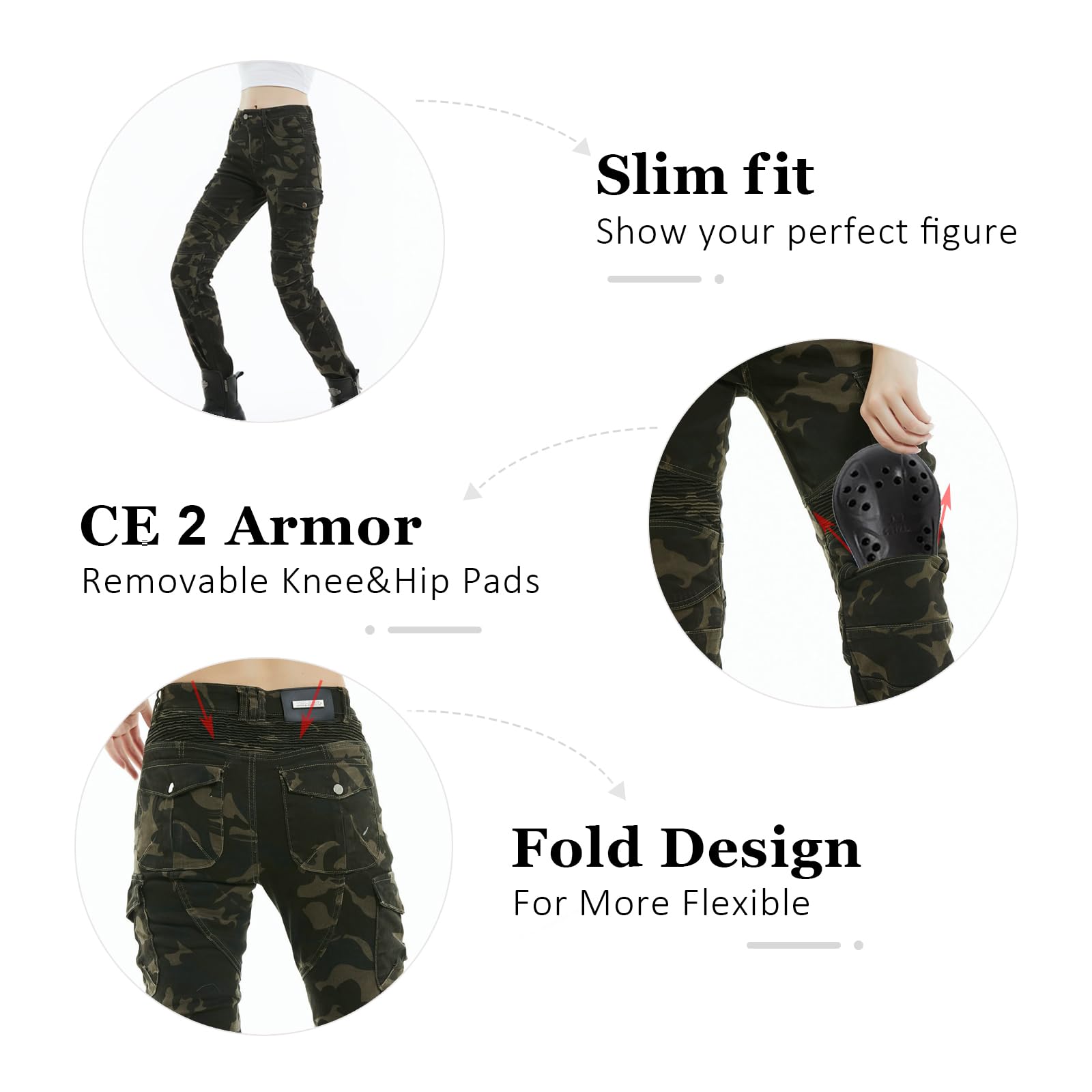 LOMENG Motorcycle Riding Pants Motorcycle Jeans Slim Fit with CE Knee Hip Removable Protectors Armor for Women Camouflage L 32