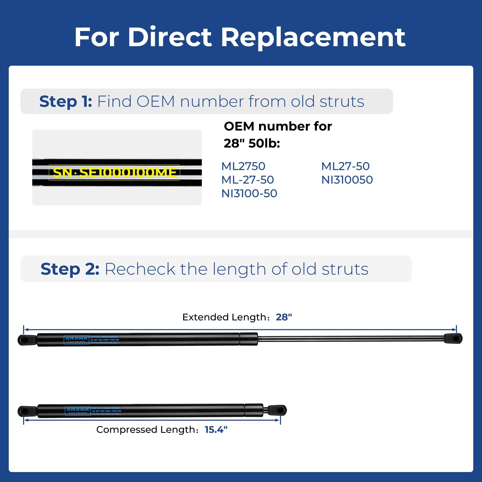 Arana Sl27-50 Gas Shocks 28 Inch 50 Pounds Lift Support, 28'' 50Lb Gas Struts Springs For Truck Bed Cover Undercover Tonneau Tv