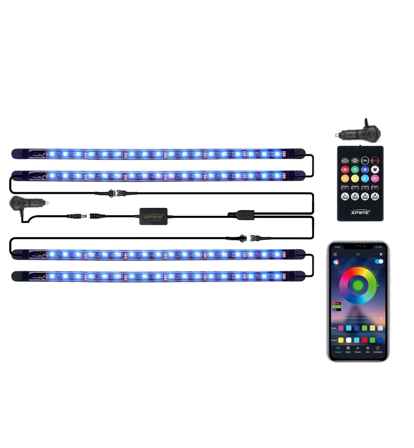 Xprite Rgb Led Car Interior Bluetooth Light Strips W/Remote & Control Box, Silicone Sealed, Under Dash Footwell Lights Kit W/Cig