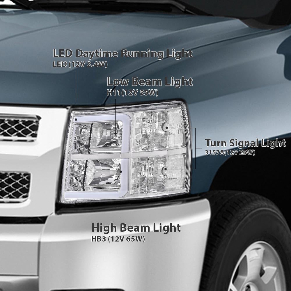 Cheda Led Drl Tube Projector Headlights W/O Bulb Clear Lens Chrome Housing Clear Reflector Compatible With Chevy Silverado 1500