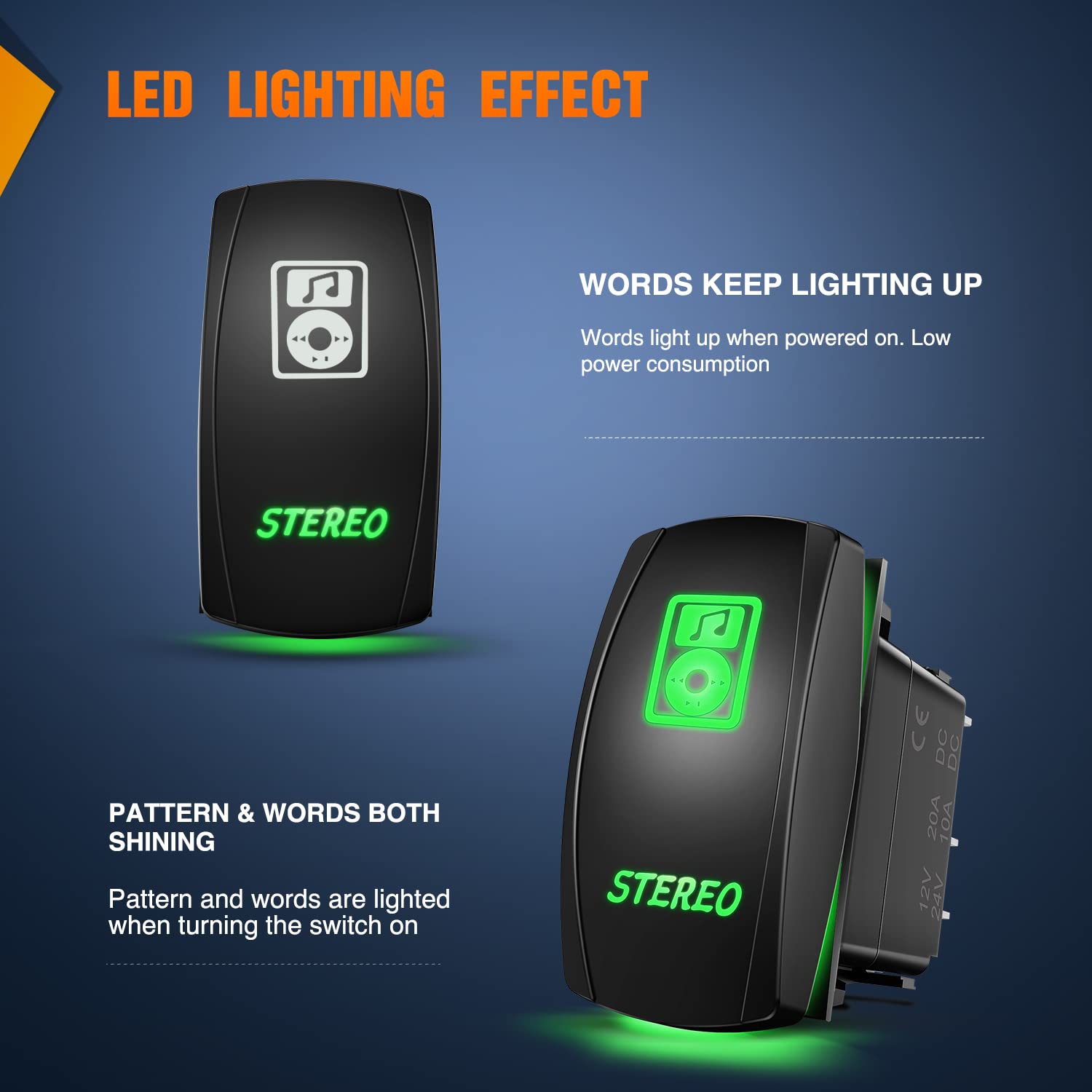 Nilight Stereo Rocker Switch Led Light Bar 5Pin Laser On Off SPST switches 20A/12V 10A/24V Green with Jumper Wires Set for Cars