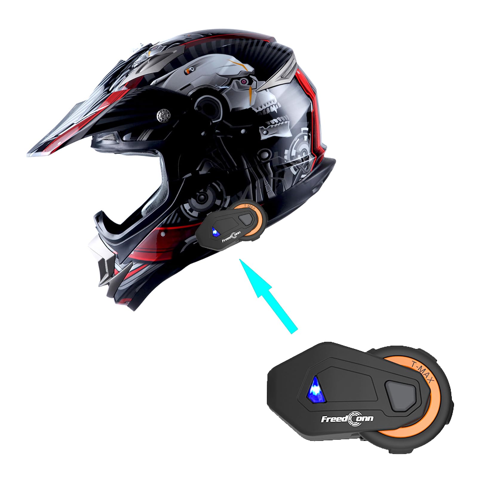 1Storm Adult Motocross Helmet Off Road Mx Bmx Atv Dirt Bike Mechanic + Motorcycle Bluetooth Headset: Skull Red