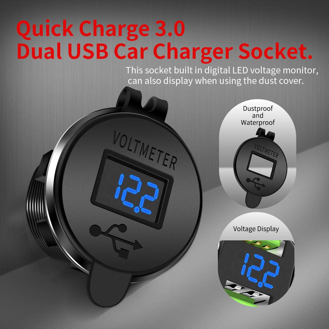Daiertek Quick Charge 3.0 Usb Charger Socket Car Aluminum Waterproof Dual Power Outlet Fast Charger With Blue Led Voltmeter & Wire 10A Fuse For 12Vdc/24Vdc Automotive Boat Marine Atv Truck