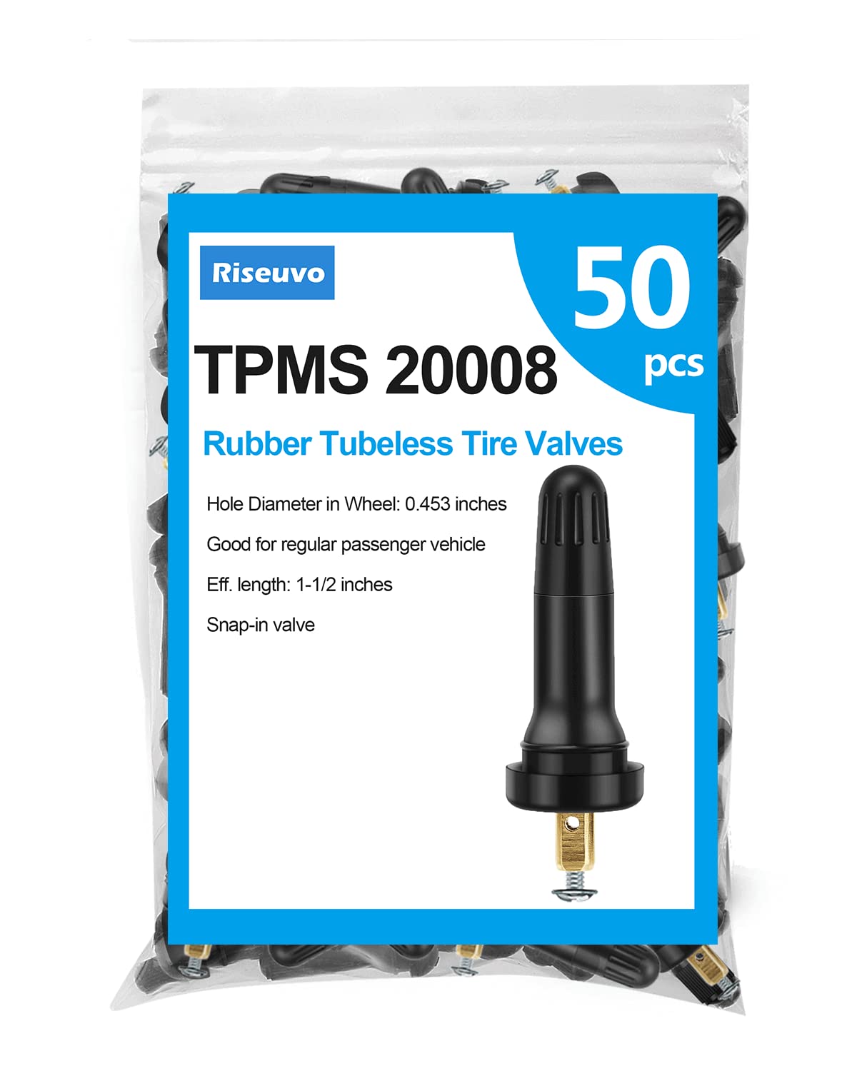 50Pcs Tpms 20008 Sensor Valve Stem Rubber Snap-In Valves, Tubeless Valve Stems 0.453 Inch Rim Holes Replacement For Standard Vehicle Tires