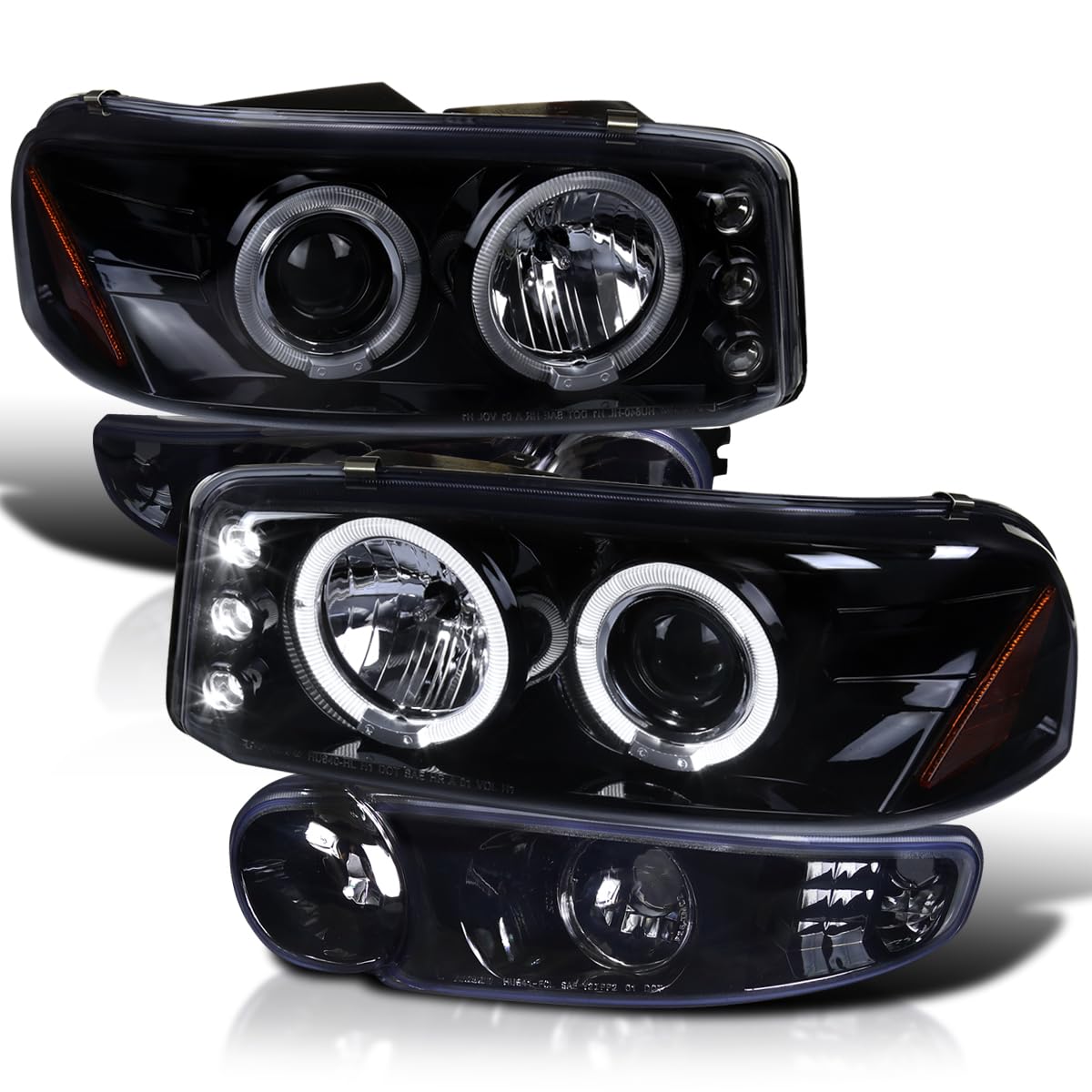 Spec-D Tuning Glossy Black Housing Light Smoke Lens Led Halo Projector Headlights + Bumper Lights Compatible With 2001-2006 Gmc Yukon Denali Models Left + Right Pair Headlamps Assembly