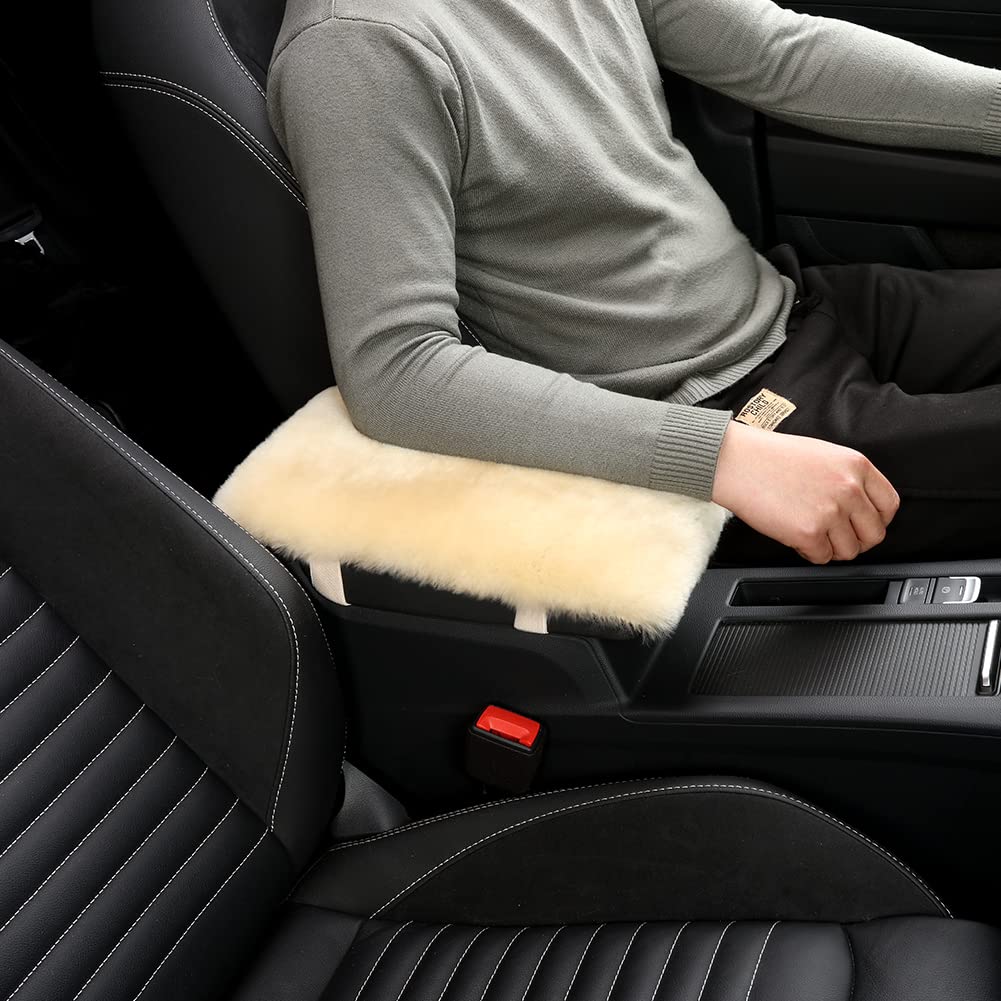 Iriwool Sheepskin Armrest Cover Auto Center Armrest Cover Car Soft Console Pad, Fluffy Wool Auto Center Console Cover For Most Car Arm Rest Decoration Protector 7 X 13 Inch (Shearling, Ivory White)