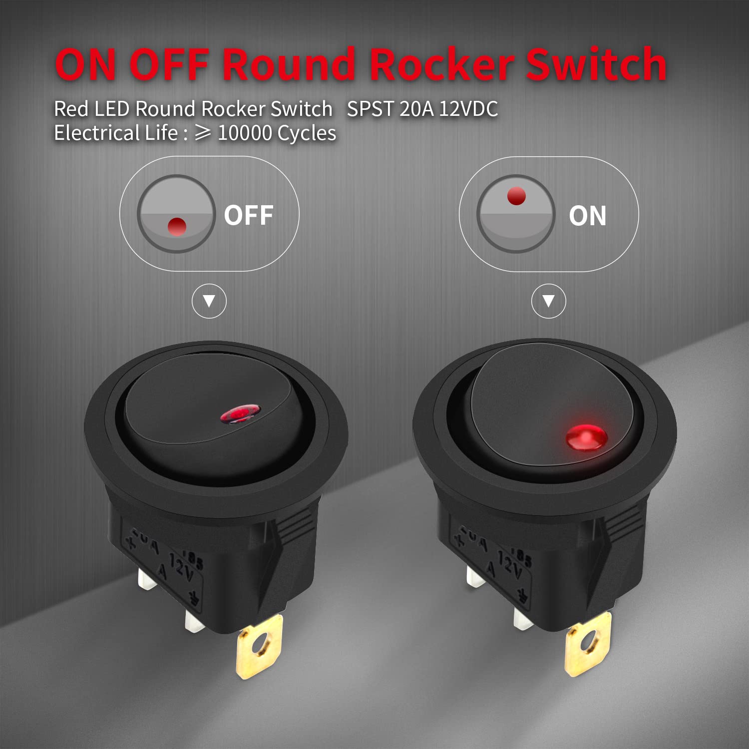 Daiertek Round Rocker Switch 12V 20A Led Dc Round Shell 3 Pin With 12 Volt Red Led Lighted Automotive Car Truck Rocker Toggle Sw