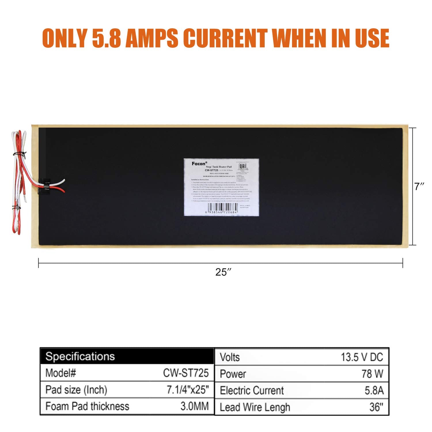 Facon 7-1/4''X25'' Rv Holding Tank Heater Pad, Cw-St725, With Automatic Thermostat Control, Use With Up To 50 Gallons Fresh Wate