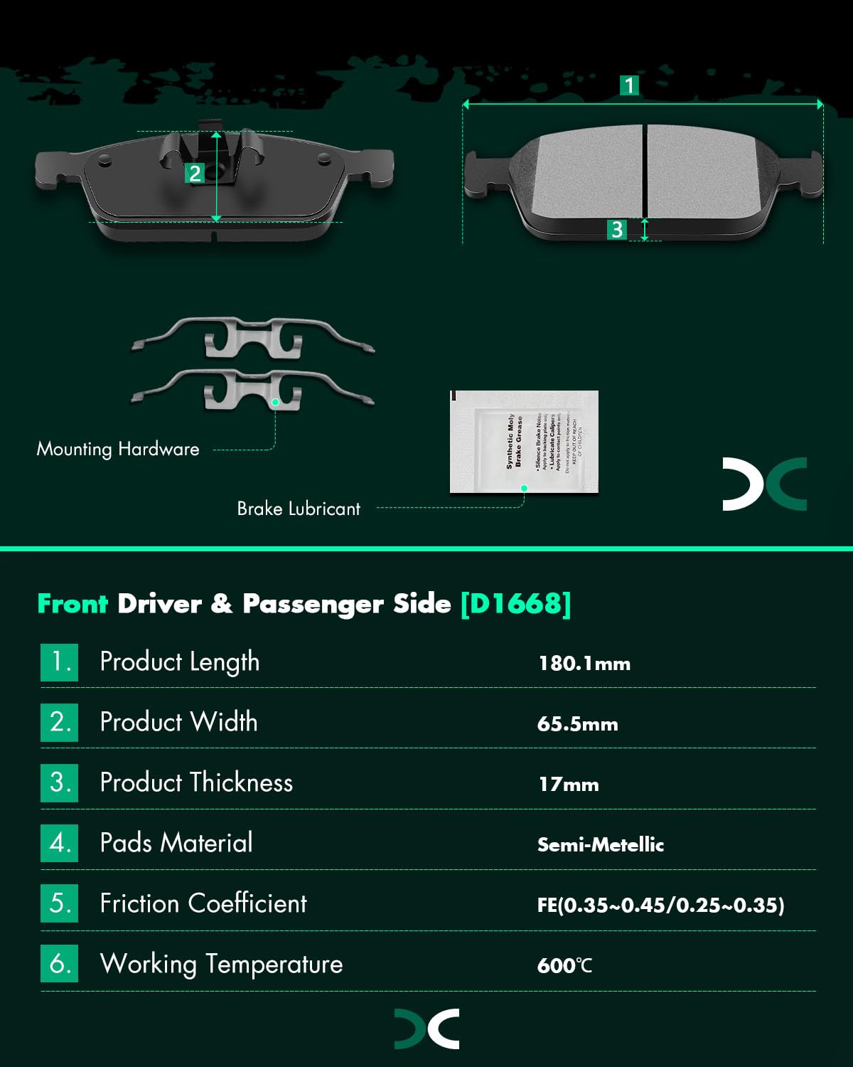 Scitoo D1668 Front Semi-Metal Brake Pads Sets - Fit For Ford Escape 2013-2019, Focus 2013-2018, Transit Connect 2014-2019, Linco