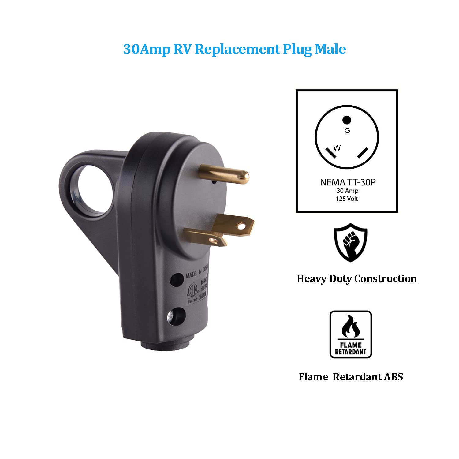 Veepeak 30 Amp Rv Plug Male Replacement Tt-30P Heavy Duty 125V 30A Rated 3 Prong Electrical Power Connector Extension Cord End With Easy To Grip Handle
