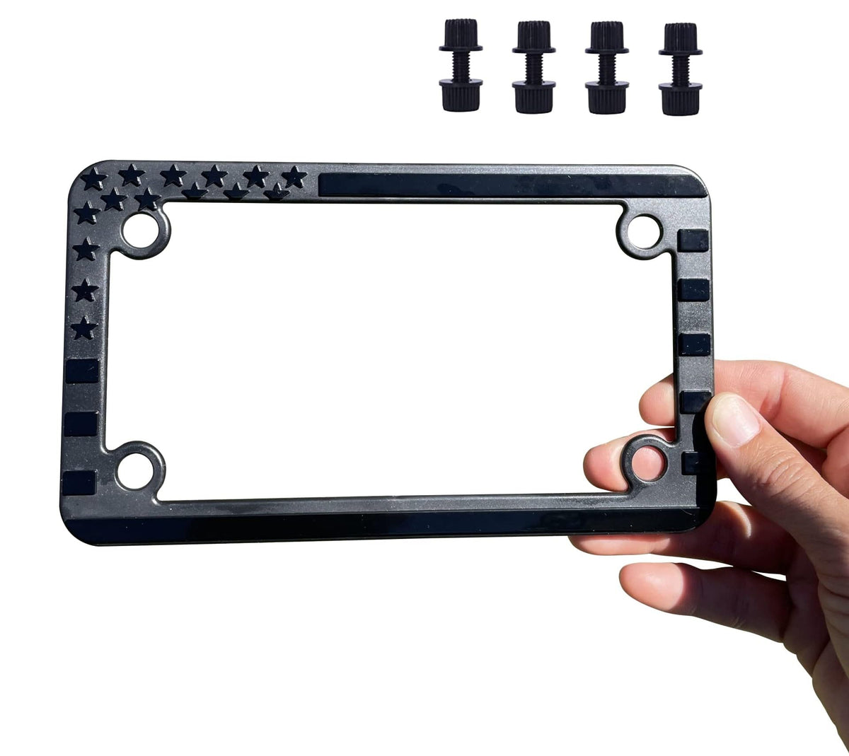 Tactilian Motorcycle American Flag License Plate Frame - Subdued 3D Embossed Usa Flag In Gloss On Matte Black Finish For Motorcycle, Scooty, Harley