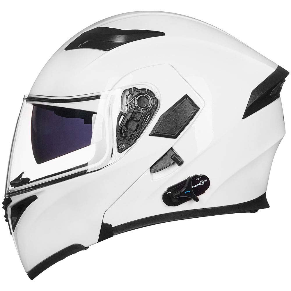 Ilm Bluetooth Motorcycle Helmet Modular Flip Up Full Face Dual Visor Mp3 Intercom Fm Radio Dot Model 902Bt(White, M)