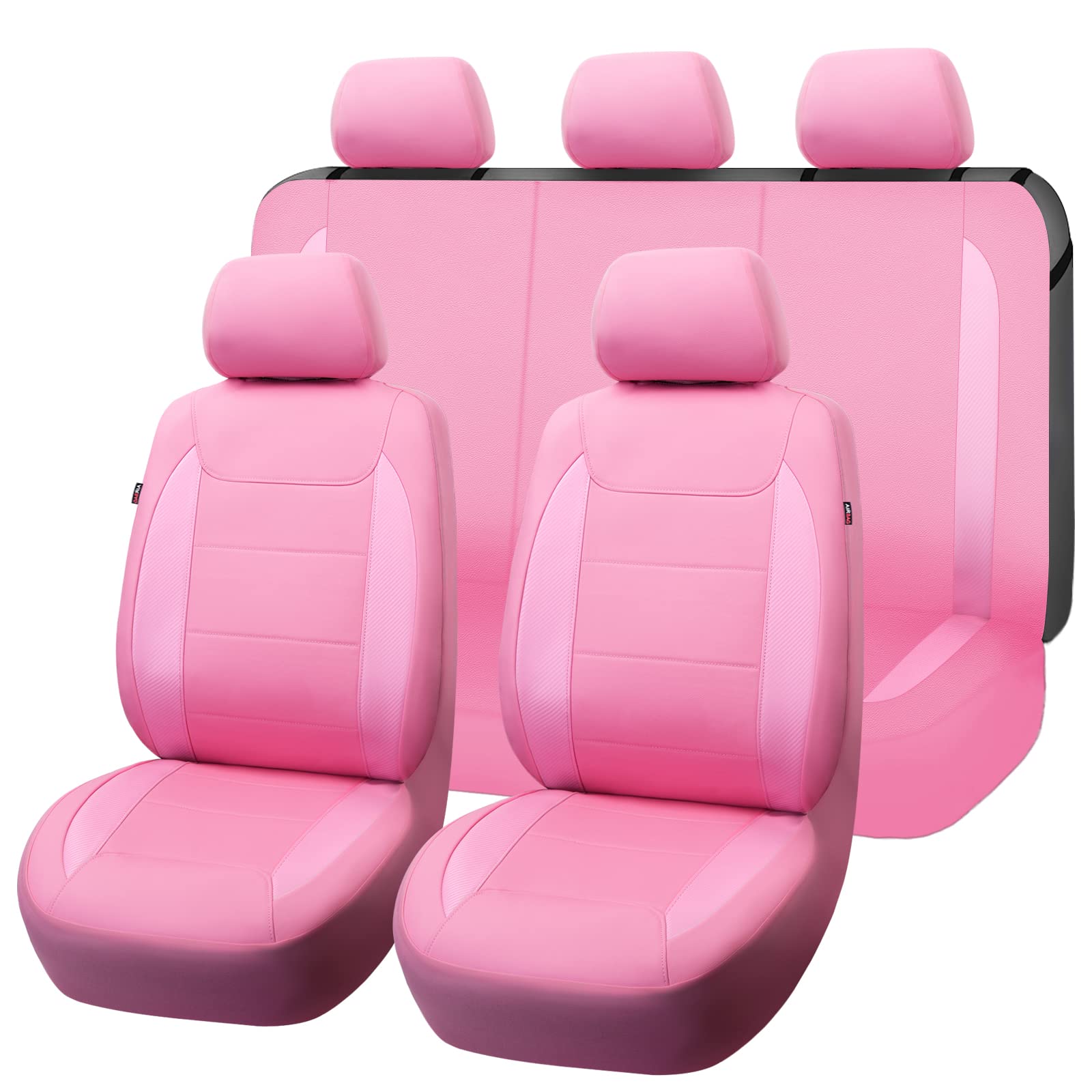 Flying Banner Car Seat Covers Protects Water Proof Faux Leather Carbon Fiber Fronts Rear Bench Covers (Pink Pink, Full Set - 8Pc