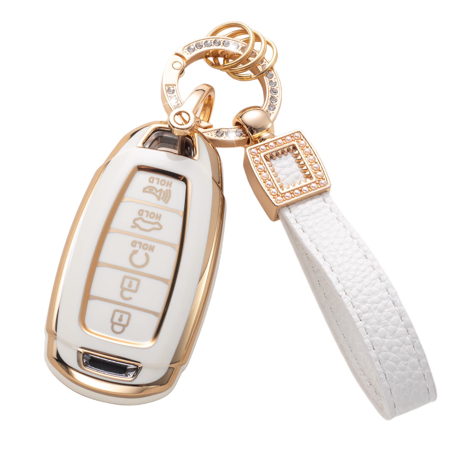 Cacarlike For Hyundai Key Fob Cover With Leather Lanyard, Car Key Fob Case Compatible With Elantra Gt Sport Santa Fe Palisade Ko