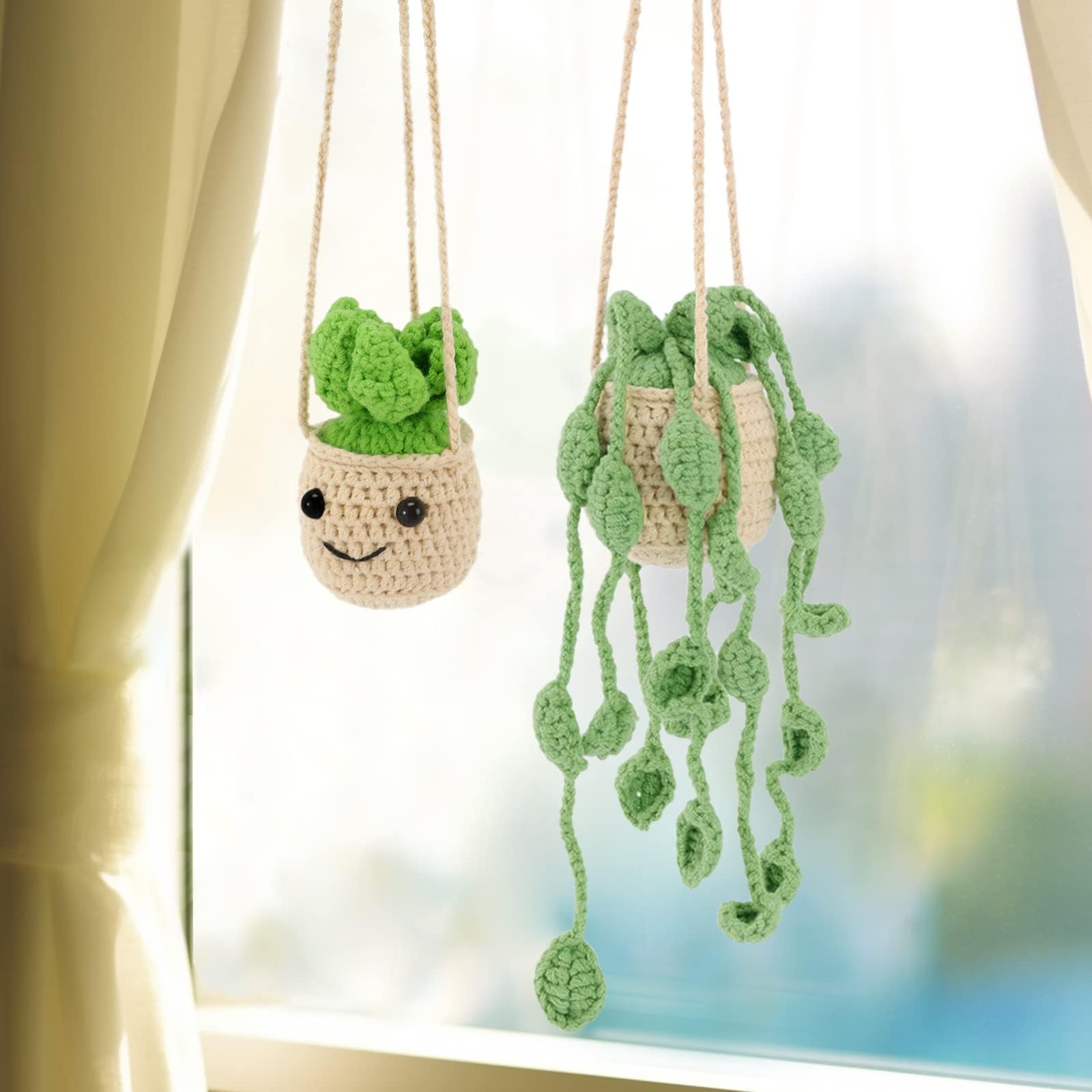 Vansolinne 2 Pcs Cute Car Accessories Crochet Plants Hanging Baskets Green Succulent for Rearview Mirror Decor Car Ornament Inte
