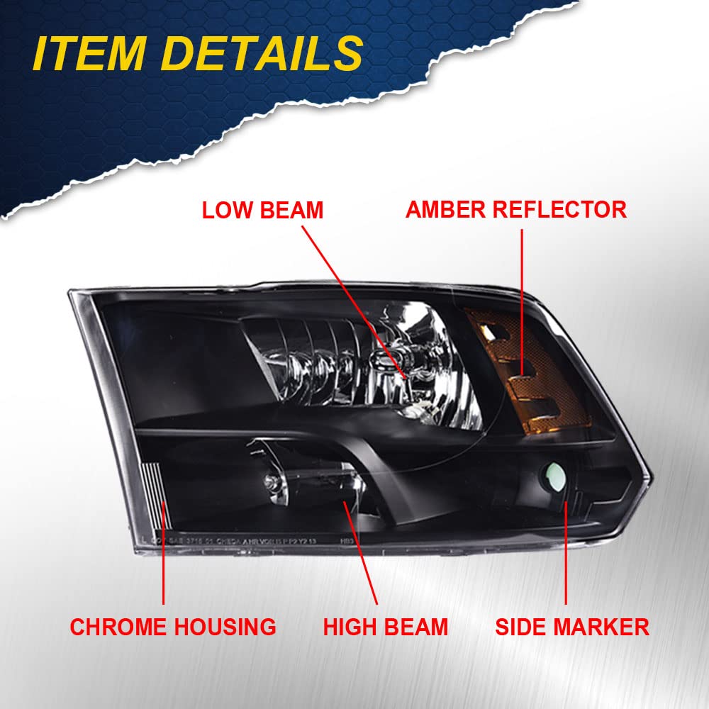 Cheda Headlights Assembly Compatible With 2009-2012 Dodge Ram 1500 2500 3500 Headlamp(Clear Lens Black Housing Amber Reflector)O