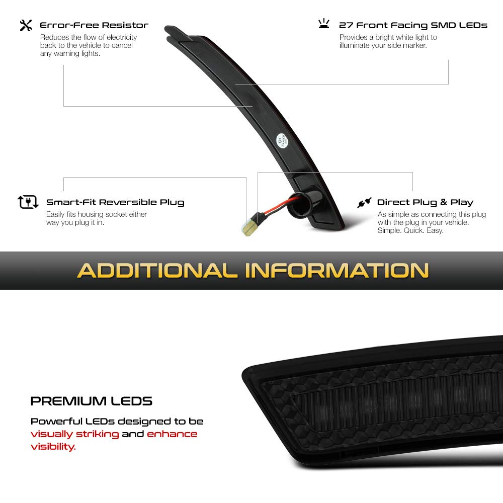 Vipmotoz Rear Wheel Arch Full Led Dark Smoke Side Marker Light Lamp Assembly Replacement Pair For Mini Cooper R55 R56 R57 R58 R59 R60 R61, Driver & Passenger Side