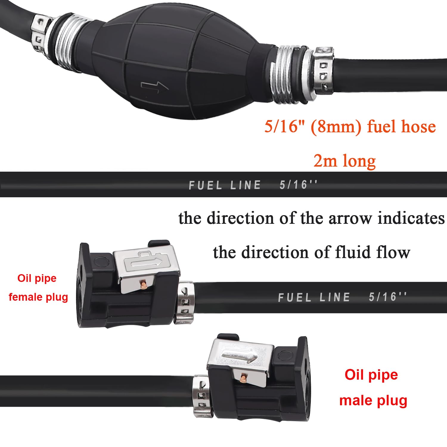 Taiss 6.56Ft Boat Motor Fuel Line Hose Outboard Primer Bulb Assembly Id 5/16' (8Mm), With Snap Connector And Steel Hose Clamps For Marine Boat Motor Vehicle