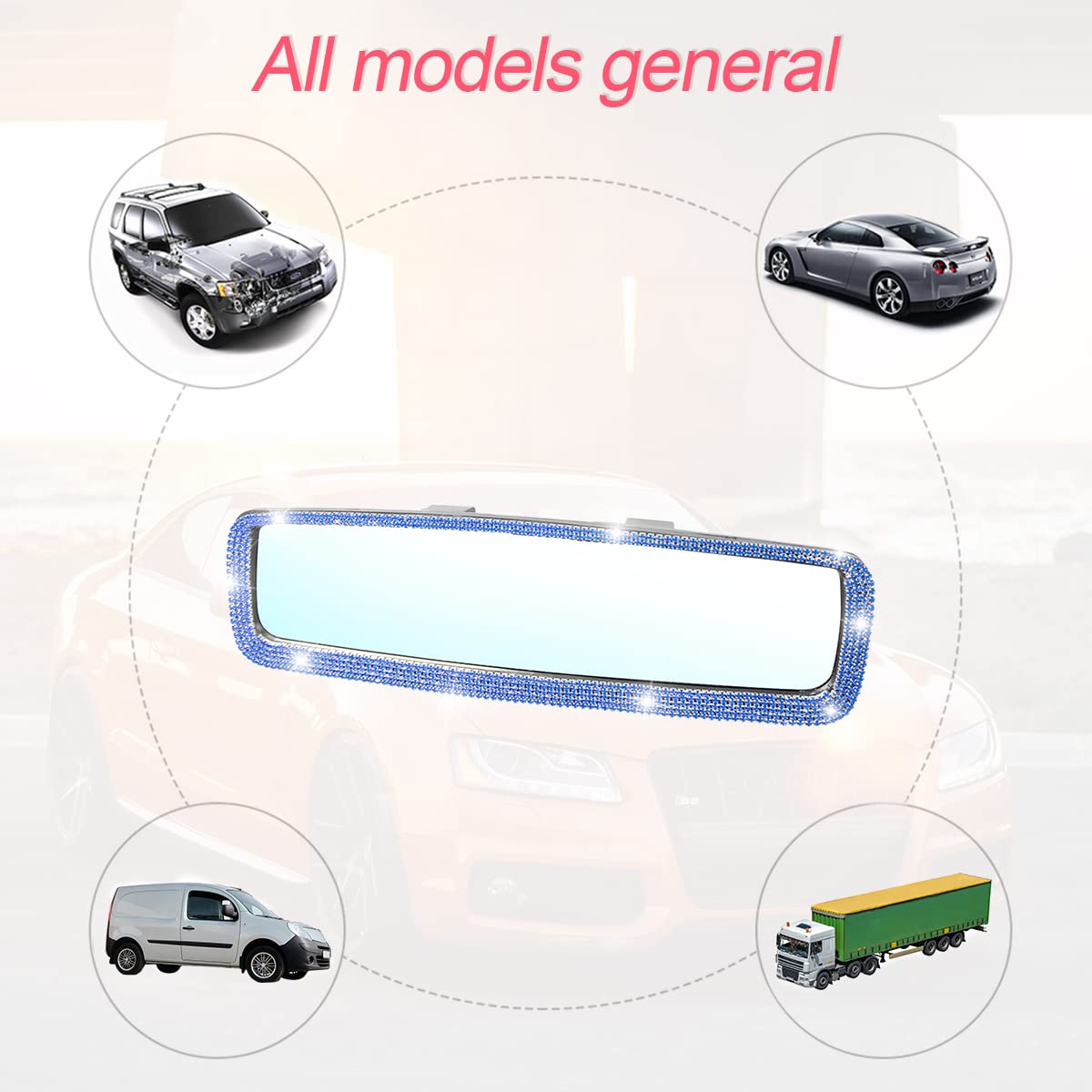 Bling Car Rear View Mirror, Rhinestones Crystal Clip-On Rearview Mirror With Hd Glass, Compatible With Most Cars, Suvs, Vehicles, Auto Interior Accessories For Women Girl (Blue)