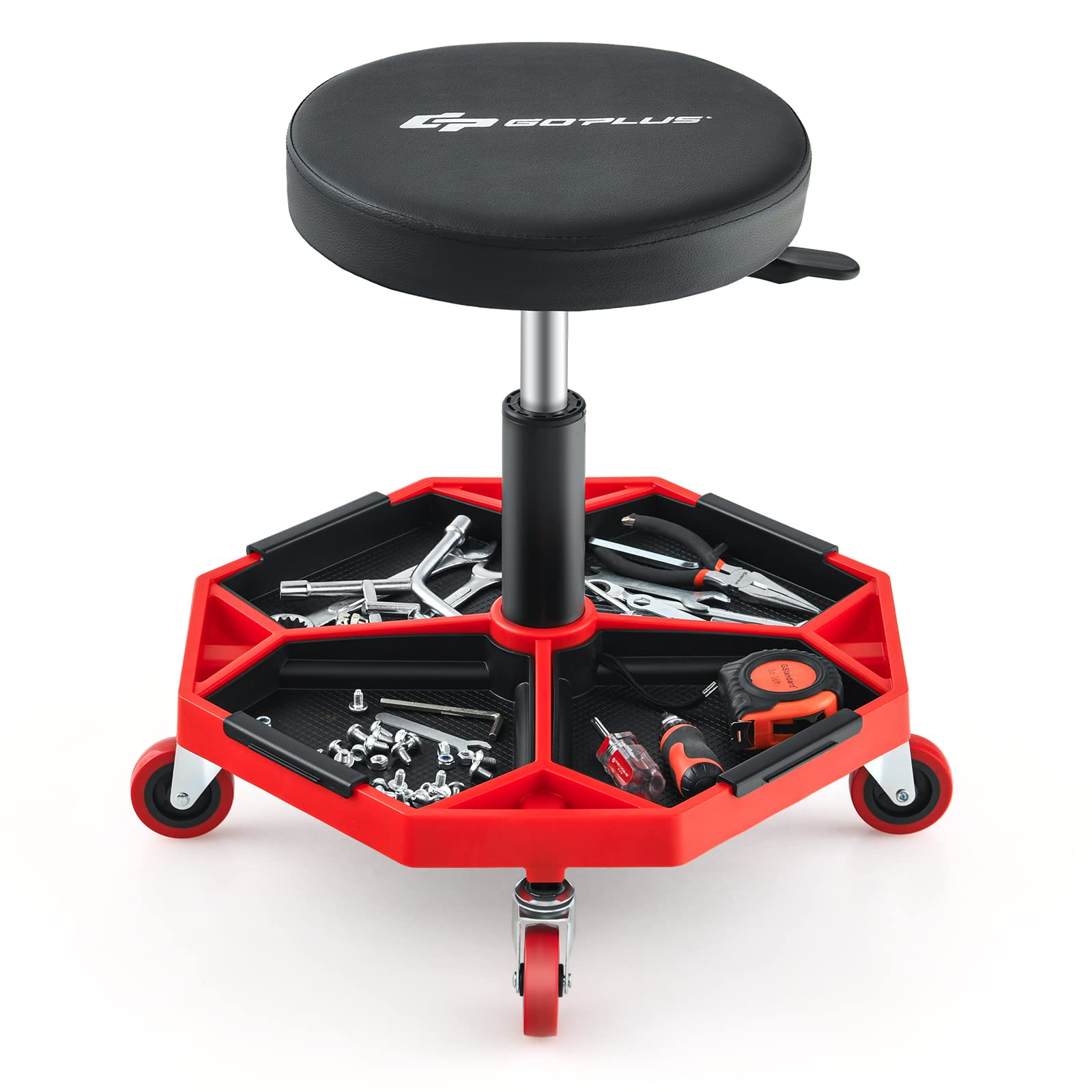 Goplus Rolling Mechanic Stool, Adjustable Pneumatic Shop Stool Creeper Seat with Removable Magnetic Tool Tray, Padded Cushion, U