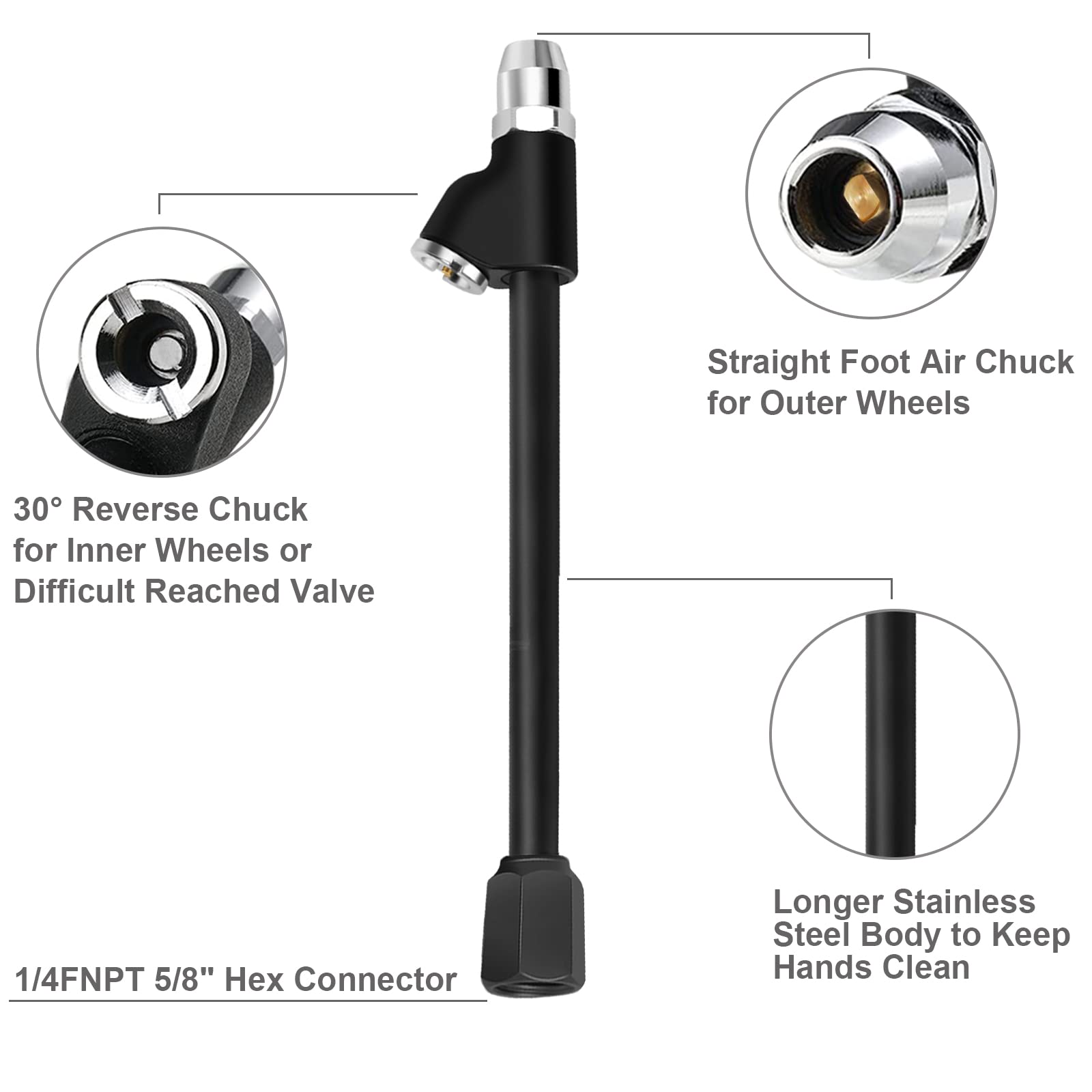 Godeson Air Chuck,1/4'' Fnpt Extended Reach Dual Head Air Chuck With Quick Plug,2-Way Connect Tire Chuck For Bikes,Motorcycle,Ca