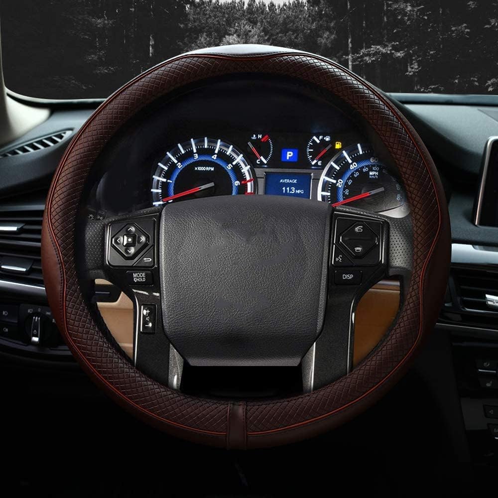 Valleycomfy Steering Wheel Covers Universal 15 Inch - Genuine Leather, Breathable, Anti Slip & Odor Free (Coffee, M(14 '' 1/2-15