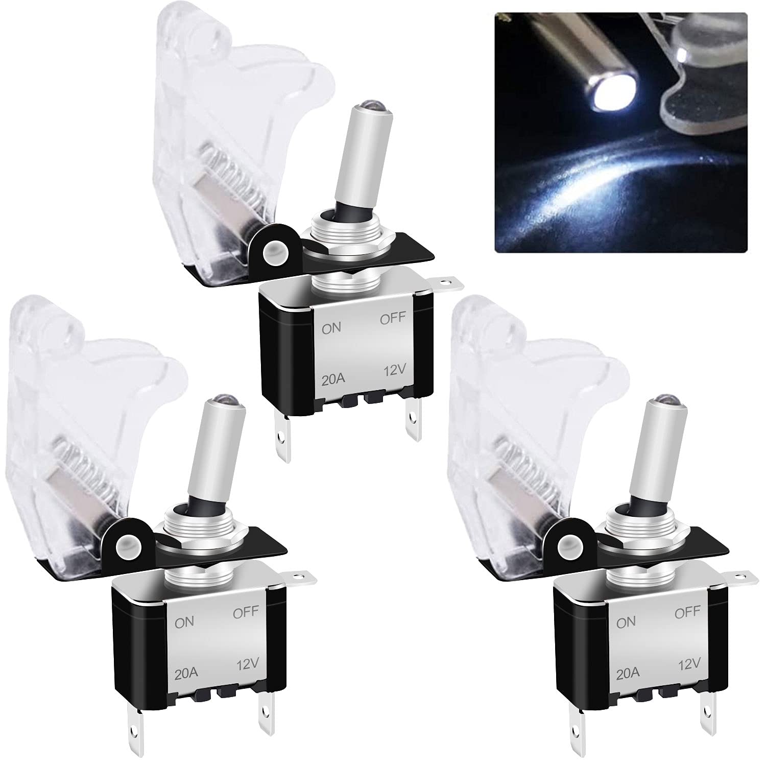 Twidec/3Pcs Rocker Lighted Toggle Switch 12V 20A Heavy Duty Racing Car Automotive Auto Spst On/Off Toggle Switch White Led Illuminated 3Pin With White Waterproof Safety Cover Asw-07Dwwmz
