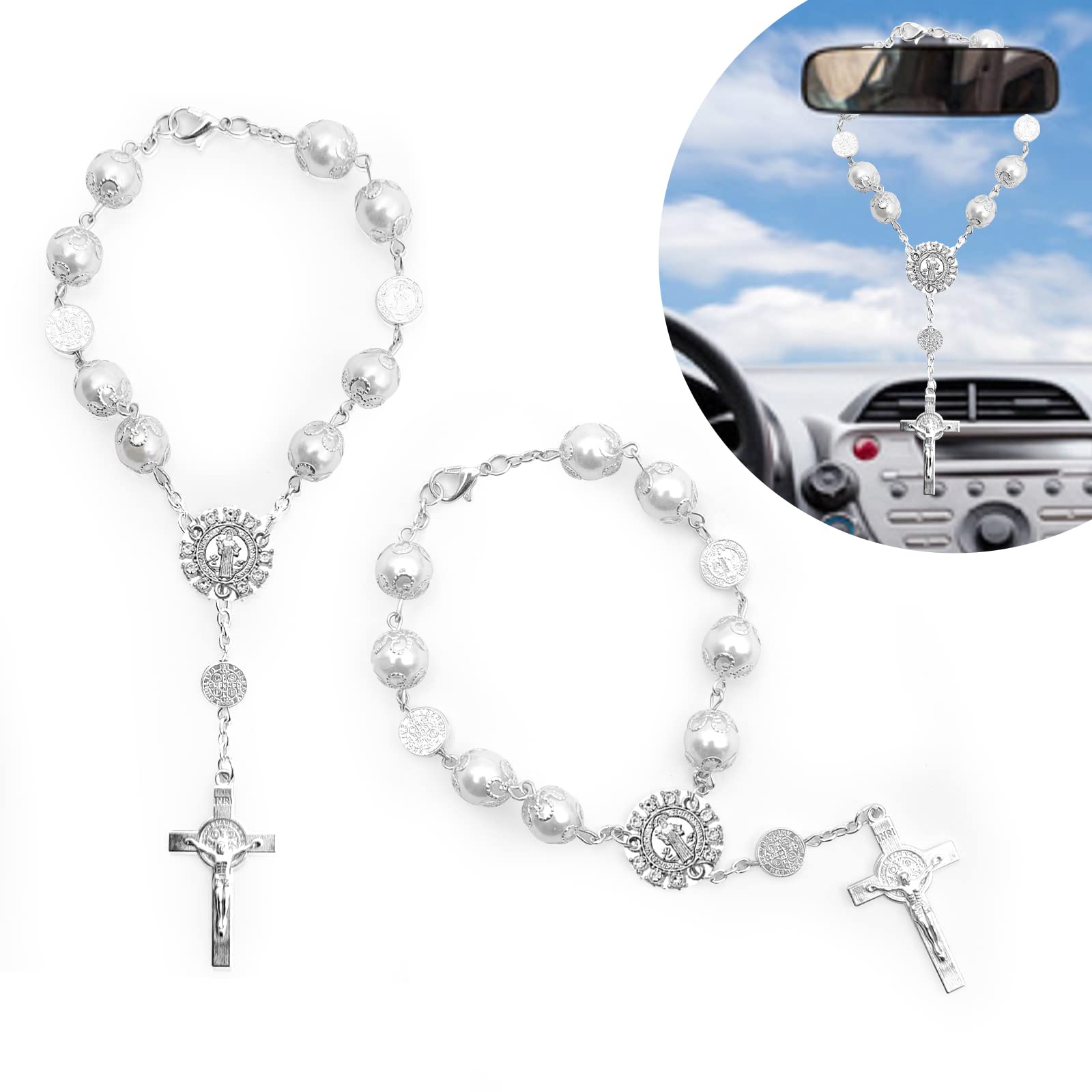 2 Pieces Car Mirror Hanging Accessories,Car Rosary with Cross Blessing Rosary, Beads Catholic for Woman Men Personalized Rearvie