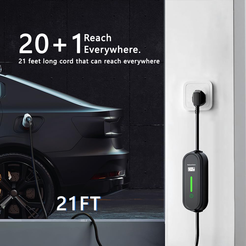 AplysiaTech Level 2 EV Charger, 13/16/24/32/40A Adjustable Plug-in Electric Car Charging Station,Portable EV Charger with 21FT C