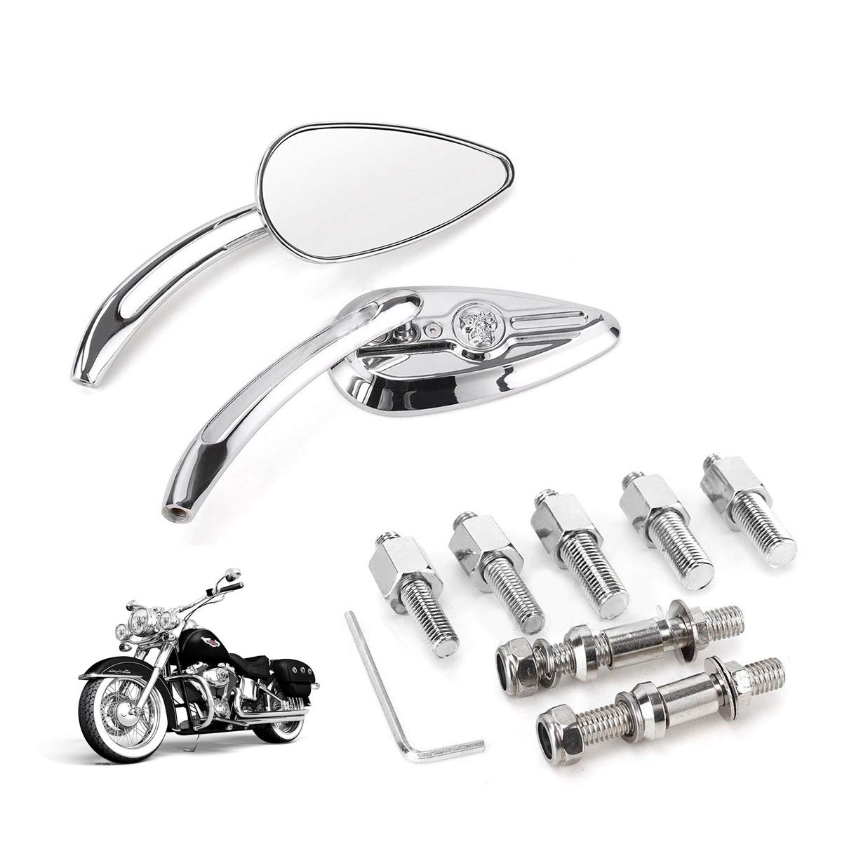 8Mm/10Mm Rearview Side Mirrors Chrome Skull Teardrop Aluminum Replacement For Harley Dyna Electra Glide Motorcycle Left & Right