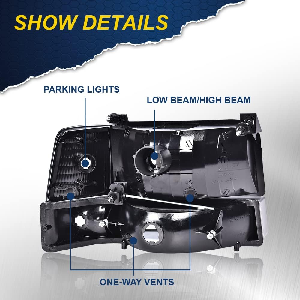 Cheda Headlights Assembly Compatible With 1992-1996 Ford Bronco F150/1992-1997 F250 F350 Super Duty W/Corner Signal Bumper Lamps