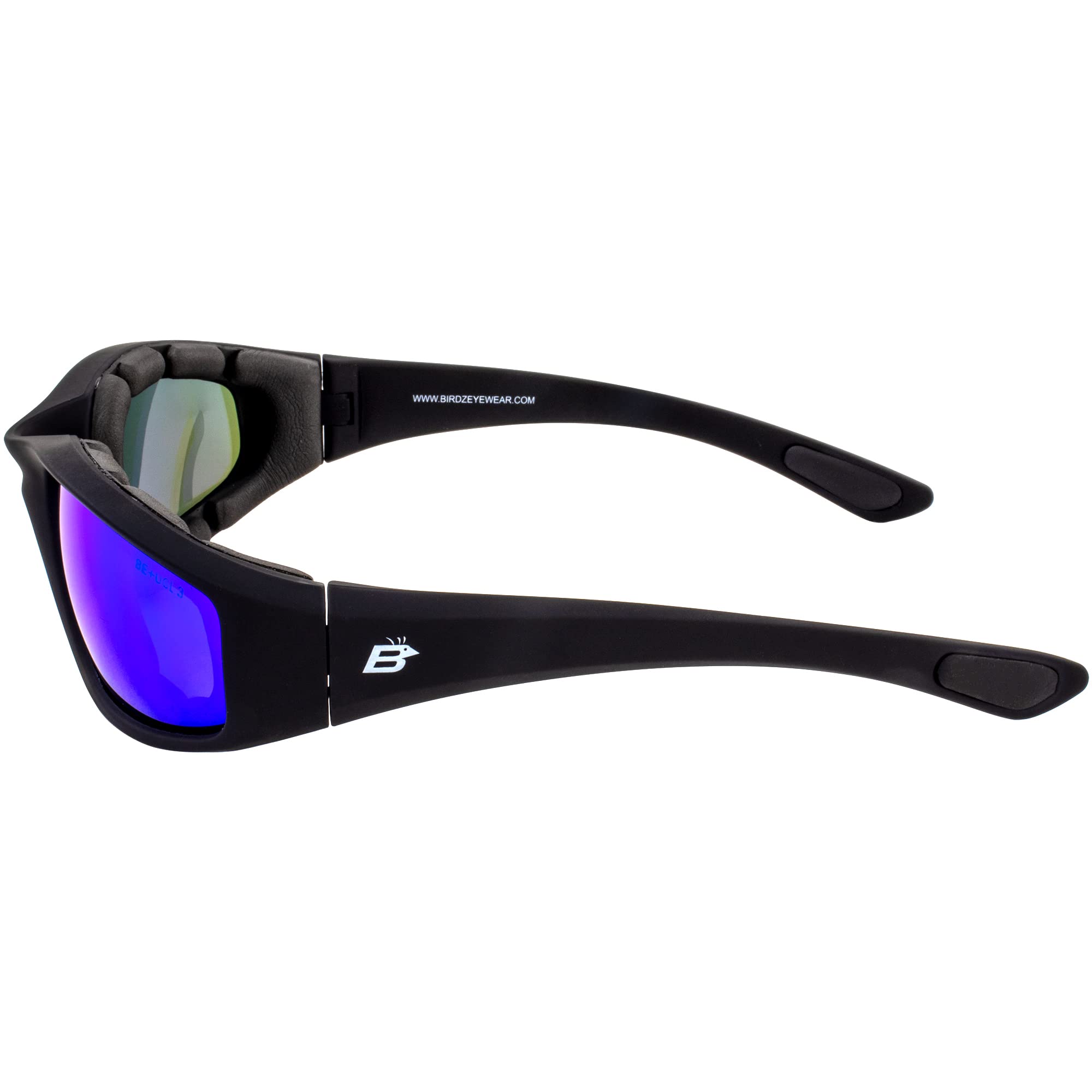 Birdz Eyewear Oriole Padded Motorcycle Riding Sunglasses Gloss Black Frame With Blue Mirror Lenses