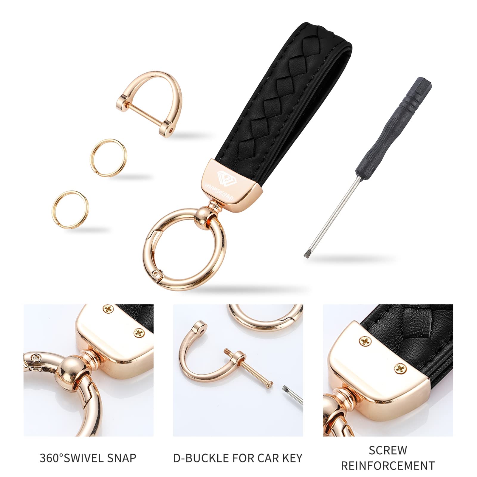 Hamdecro Black Genuine Leather Car Keychain, Handmade Sheepskin Key Fob Holder with 360° Rotatable D-Ring & 2 Keyrings, One Size